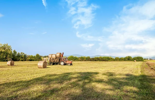 Agricultural scene. Tractor lifting hay bale on barrow. — Stock Photo, Image