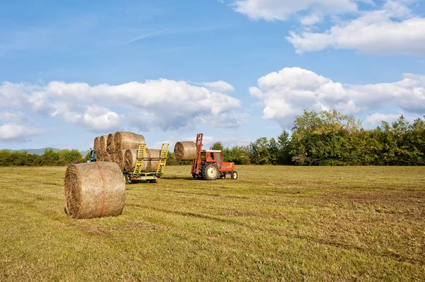 Mezőgazdasági jelenet. Traktor emelés szénabála a talicska. — Stock Fotó