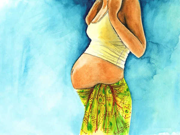 Mujer Embarazada Sobre Fondo Azul —  Fotos de Stock