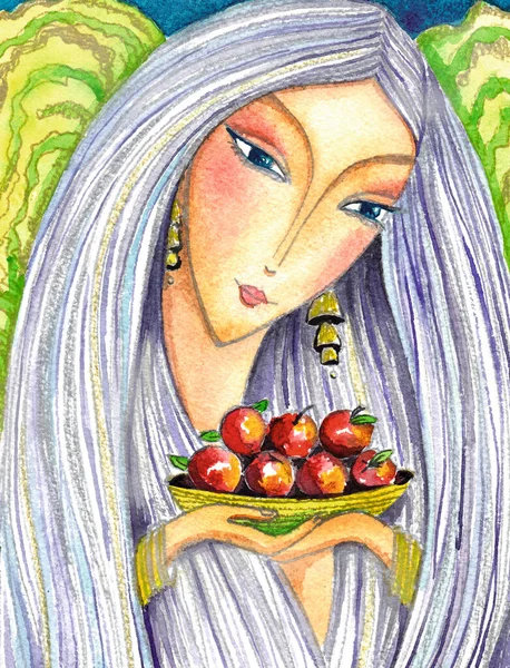 Mujer Con Manzanas Símbolo Preservación Juventud —  Fotos de Stock