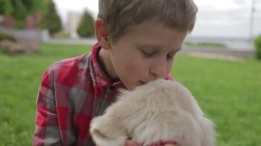 Okşayarak ve evde beslenen hayvan hayvan arkadaşı sarılma çocuk. Bahar park köpeğiyle oynayan küçük çocuk.