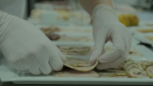 Close-up op handen vasthouden van een "briskets" aangeduide op een witte schotel, snel snijden van gekookt vlees in een restaurant. Bacon. Een ervaren chef-kok in een professionele keuken. Het concept van natuur, voeding, dieet en bio. Slow motion. — Stockvideo