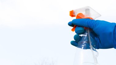 Cam silici. Mavi eldivenli bir kadın eli deterjanı pencereye sprey şeklinde yönlendirir. Bahar temizliği. Odanın dezenfeksiyonu. Metin için yer.