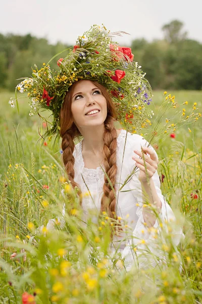 Long Hair Young Girl Wearing Flower Crown Flower Field Ukrainian Royalty Free Stock Images