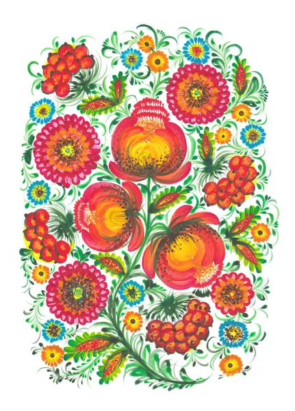 Arte Popular Decorativo Ilustración Estilo Nacional Petrykivka Pintura Rojo Dibujo —  Fotos de Stock