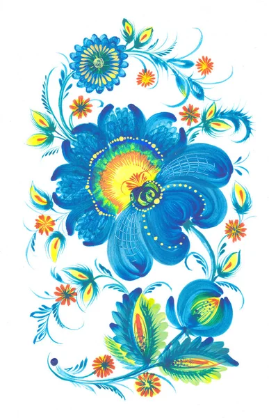 Arte Popolare Decorativa Illustrazione Stile Nazionale Petrykivka Pittura Blu Mano — Foto Stock