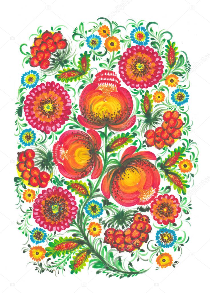 Decorative folk art illustration national style petrykivka painting red hand-drawing watercolor flowers pattern