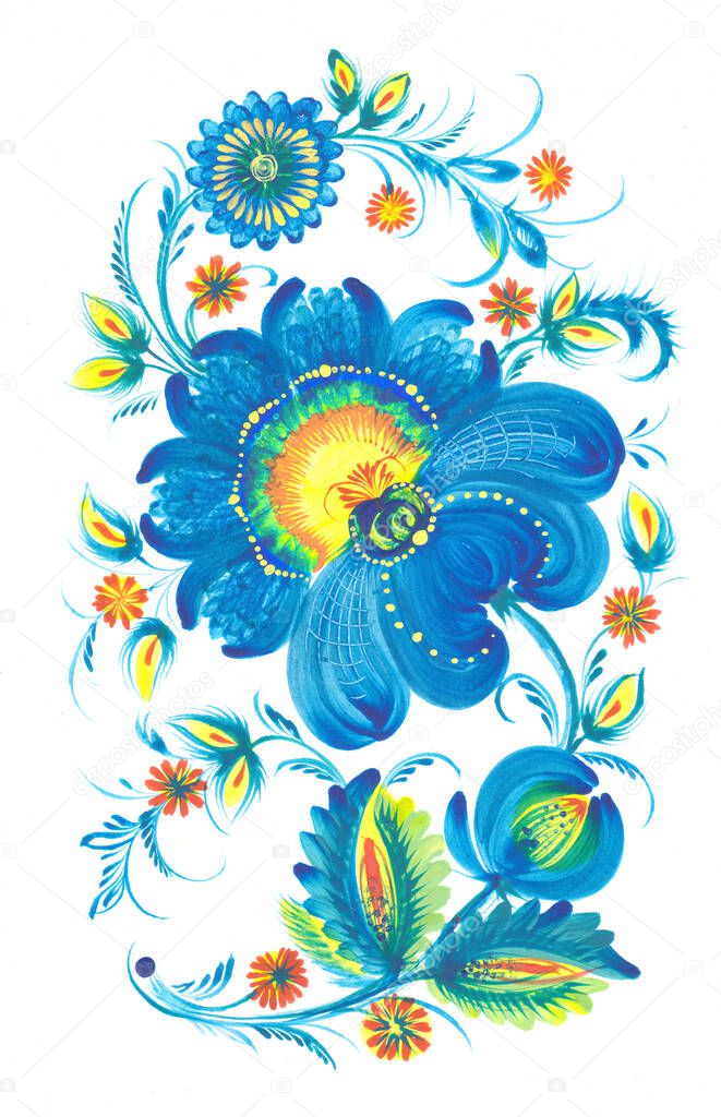 Decorative folk art illustration national style petrykivka painting blue hand-drawing watercolor flowers