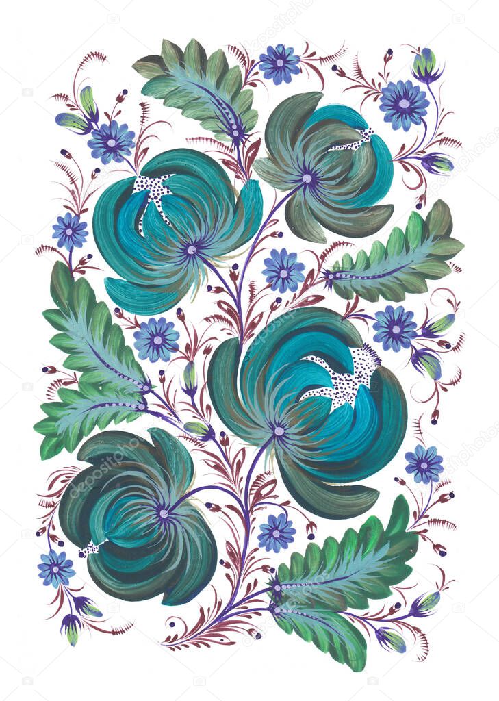 Decorative folk art illustration national style petrykivka painting blue-green hand-drawing watercolor flowers pattern