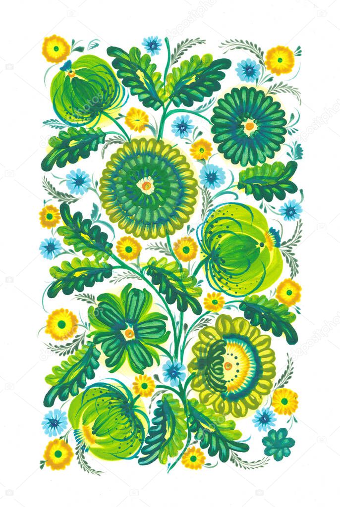 Decorative folk art illustration national style petrykivka painting green spring hand-drawing watercolor flowers pattern