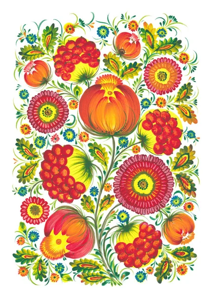 Dekorativ Folkkonst Stil Petrykivka Målning Med Många Olika Röda Blommor — Stockfoto