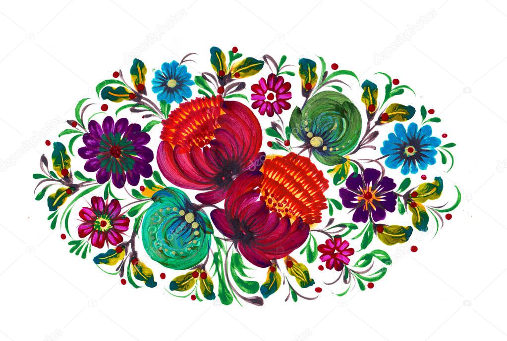 Decorative folk art style oval bouquet with violet and green and blue flowers petrykivka paint