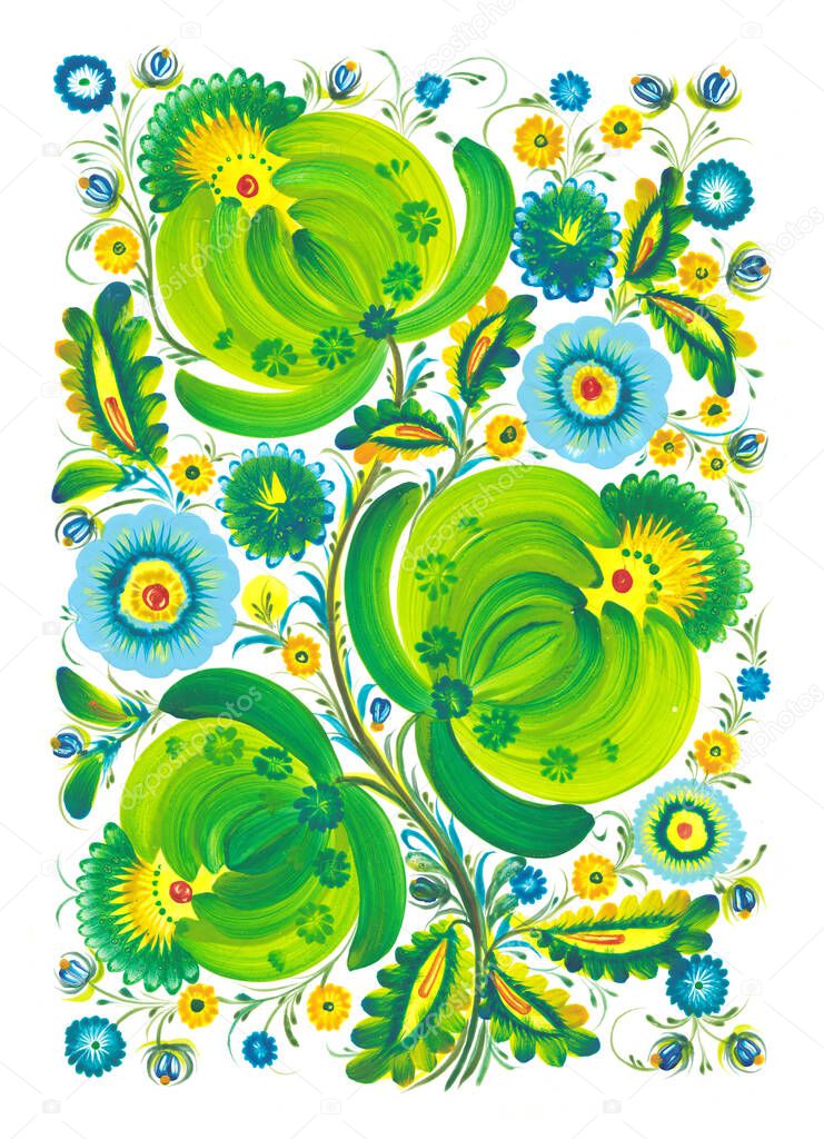 bouquet decorative folk art style petrykivka painting spring green flowers 