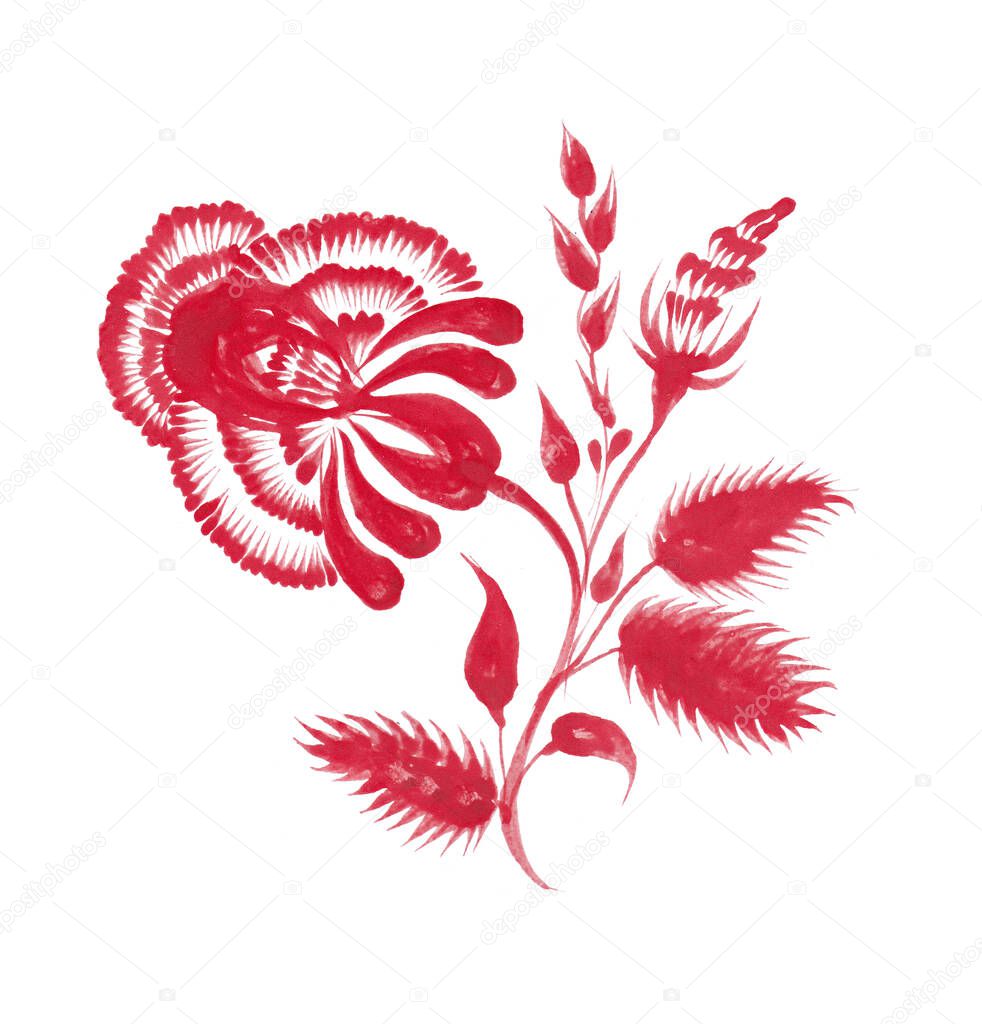 Decorative folk art red flower in primitive minimalist style