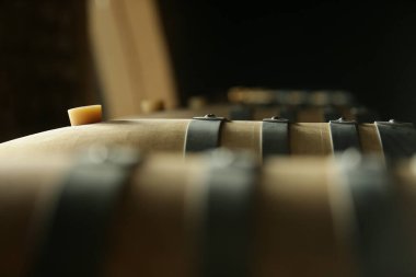 Kilerde beyaz şarap fıçıları, kırmızı, gül, bira, viski. şarap ve tarım