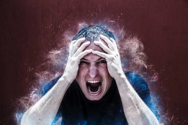 Screaming man, concept of anger, frustration, headache, electricity, energy, stress, death, depression, hatred, illness