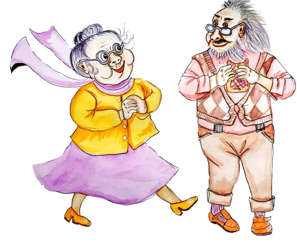 Sarı bluzlu, el sallayan eşarplı neşeli bir büyükanne ve sürpriz bir büyükbaba turta yiyor.