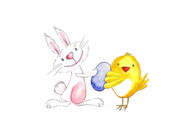 Szczęśliwy króliczek z kurczakiem trzymać pisanki — Zdjęcie stockowe