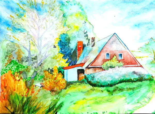 Beautiful spring rural landscape with a house painted in watercolor