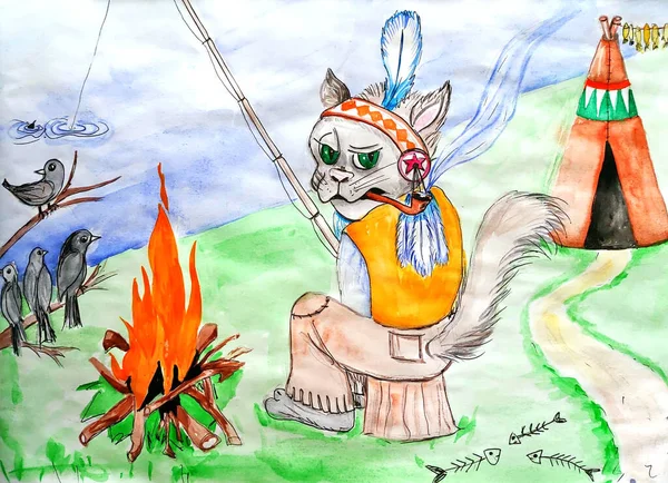 Hint kedisi nehir kenarında balık yakalar ve pipo içer.