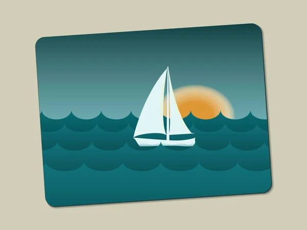 Puesta de sol, velero y mar con olas — Vector de stock
