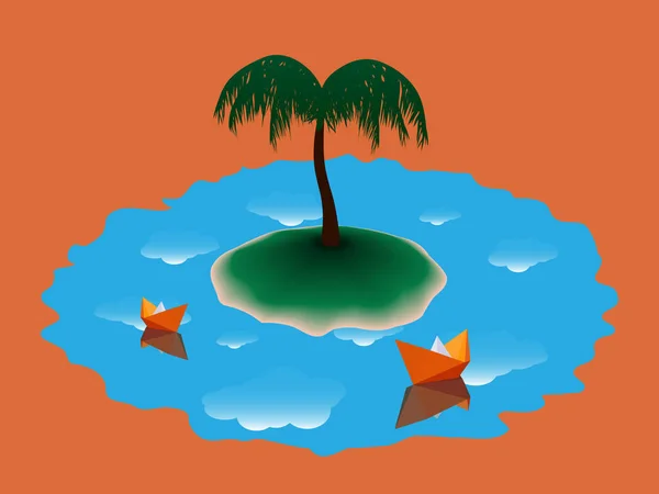 Deux bateaux en papier près de l'île avec palmier — Image vectorielle