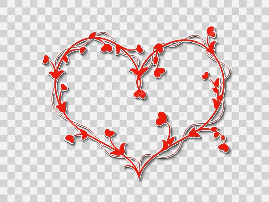 Decorative ornament in the form of a stylized heart braided red branches with leaves and red little hearts instead of flowers on a transparent background, for design, greetings, postcards and logos for a party in honor of Valentine's day