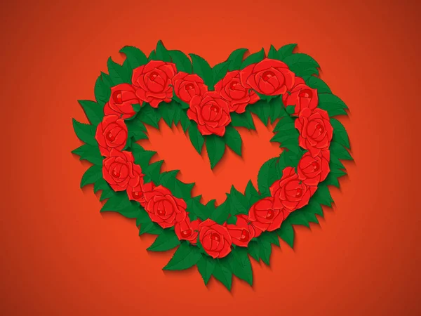 Ramo de rosas rojas con hojas verdes en forma de corazón — Vector de stock