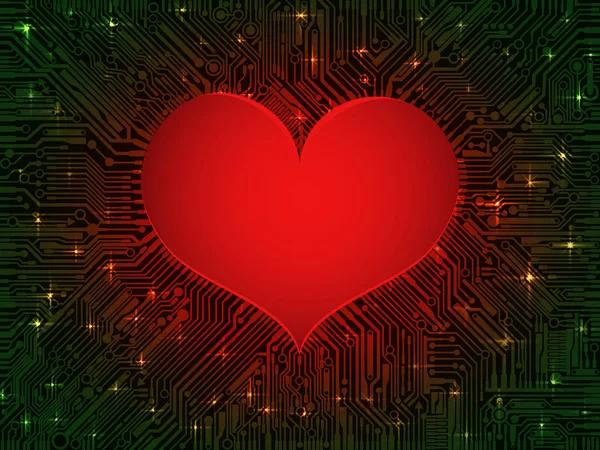 Mat yeşil parlak bilgisayar arka plan üzerinde parlayan kırmızı kalp — Stok Vektör