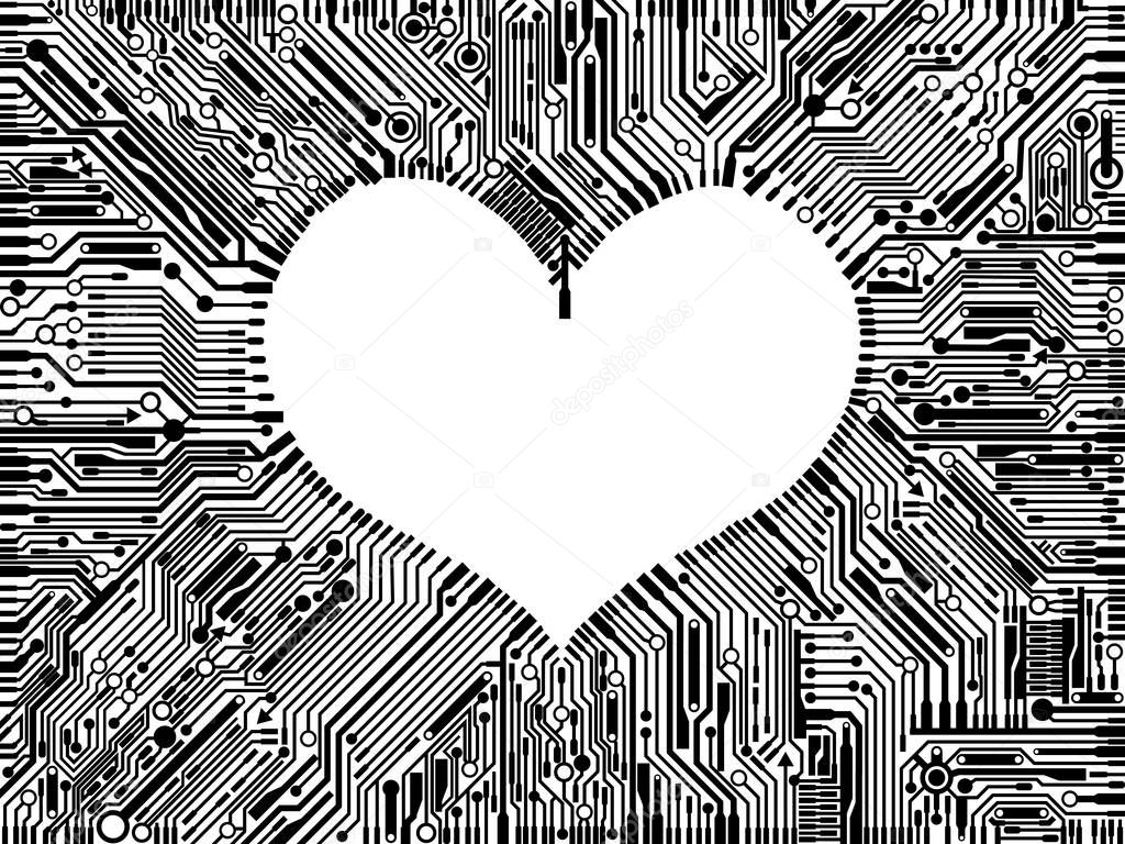 Black track computer boards reflects the shape of heart on white