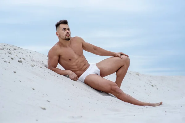 Sexy Man White Macho Macho Man Lying White Sand Sky — Stock Photo, Image