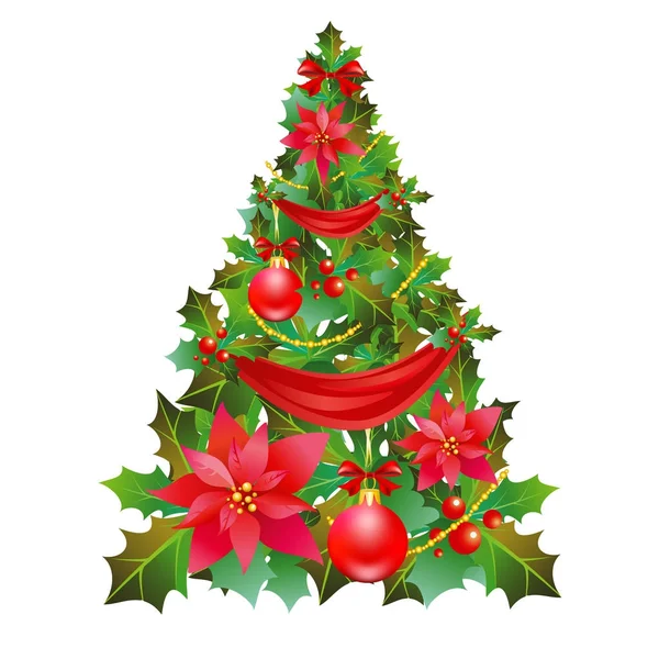 Різдвяна ялинка з пуансетією та червоними стрічками, ізольована на — стокове фото