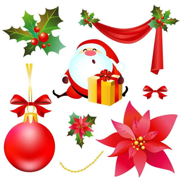 Vánoce, vánoční hvězda, Santa a červené stužky, izolované — Stock fotografie