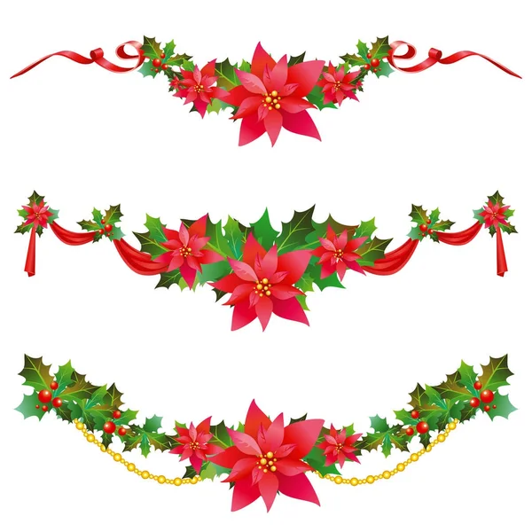 Christmas garland with poinsettia and red ribbons ,isolated on a — Stock Photo, Image