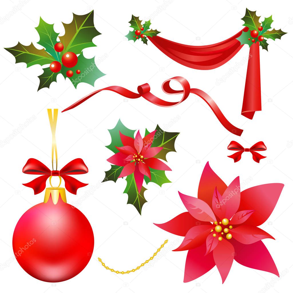 Christmas garland with poinsettia and red ribbons ,isolated on a