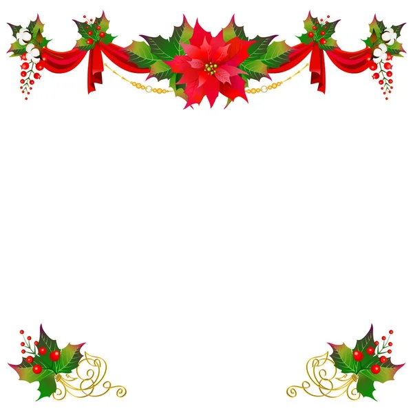 Christmas garland with poinsettia and cotton flowers, isolated o — Stock Photo, Image