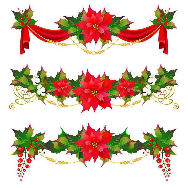 Christmas garland with poinsettia and cotton flowers, isolated o — Stock Photo, Image