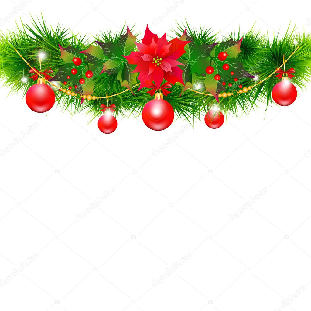 Christmas garland with poinsettia and red  balls ,isolated on a 