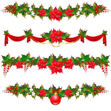 Noel çelenk, garland, toplar, bir beyaz üzerine kırmızı yay