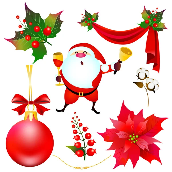 Boże Narodzenie poinsettia, Santa i czerwonymi wstążkami, na białym tle — Wektor stockowy