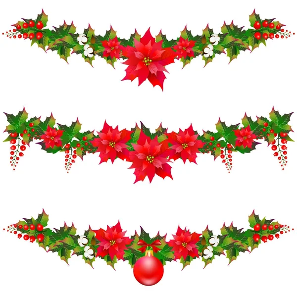 Guirnalda de Navidad con flores de poinsettia y algodón, aislada o — Vector de stock