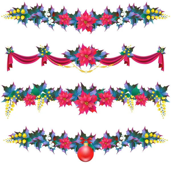 Christmas wreath,garland, balls,red bows, on a white — Stock Vector