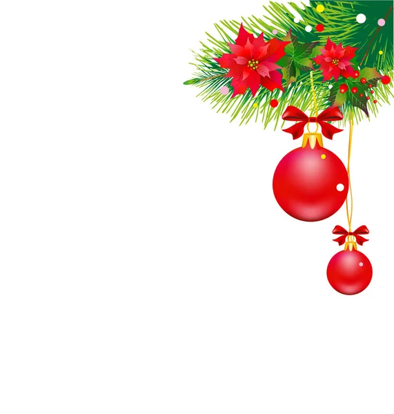 Kerstboom, tak met poinsettia en rode strik, geïsoleerd op — Stockvector