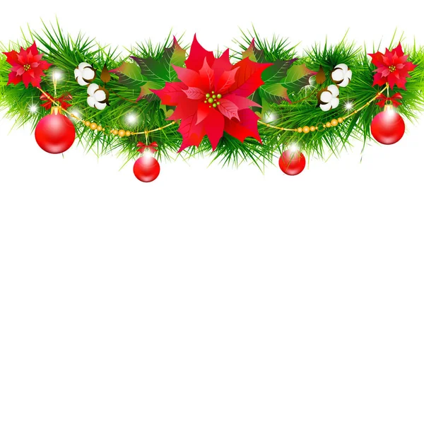 Guirnalda de Navidad con poinsettia y algodón, aislado en un instante — Vector de stock