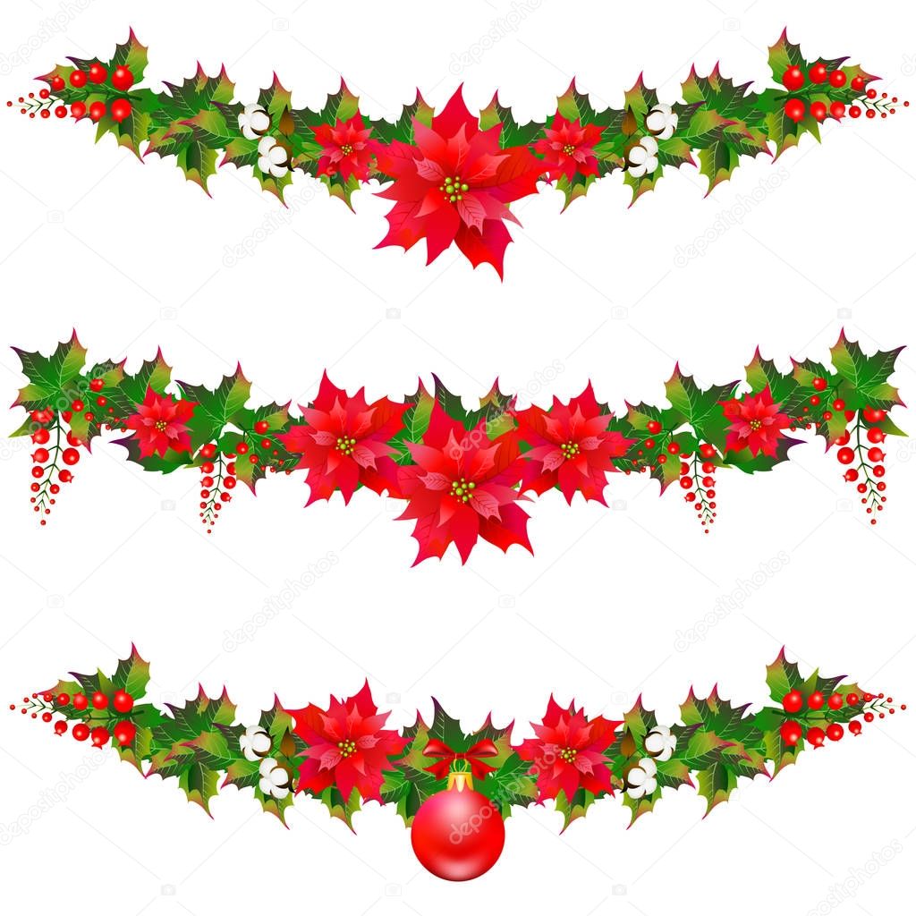 Christmas garland with poinsettia and cotton flowers, isolated o