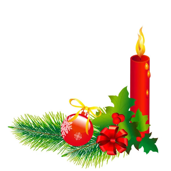Weihnachtskranz Mit Kugeln Und Roter Schleife Mit Kerze Isoliert Auf — Stockvektor