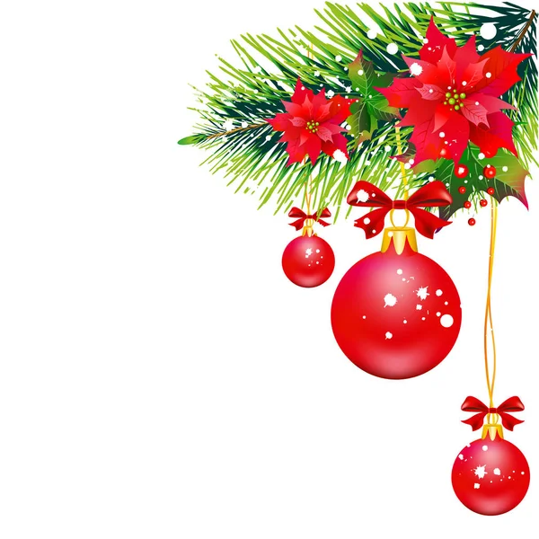 Weihnachtsbaumzweig Mit Weihnachtsstern Und Baumwollblumen Und Roten Kugeln Isoliert Auf — Stockfoto