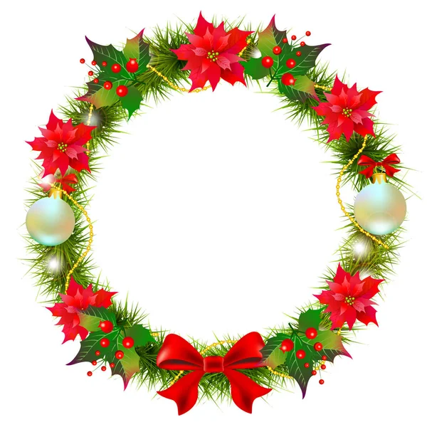 Christmas wreath with poinsettia  and cotton flowers isolated on white background