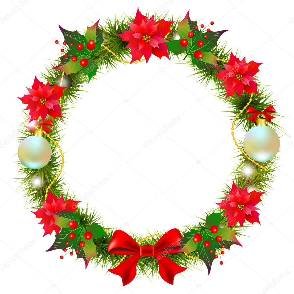 Christmas wreath with poinsettia  and cotton flowers isolated on white background 