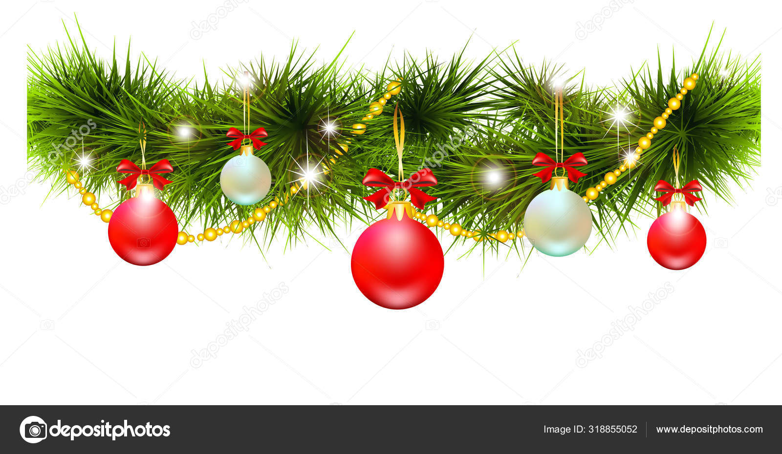 Christmas Garland Balls Red Bows Isolated White Background Close View